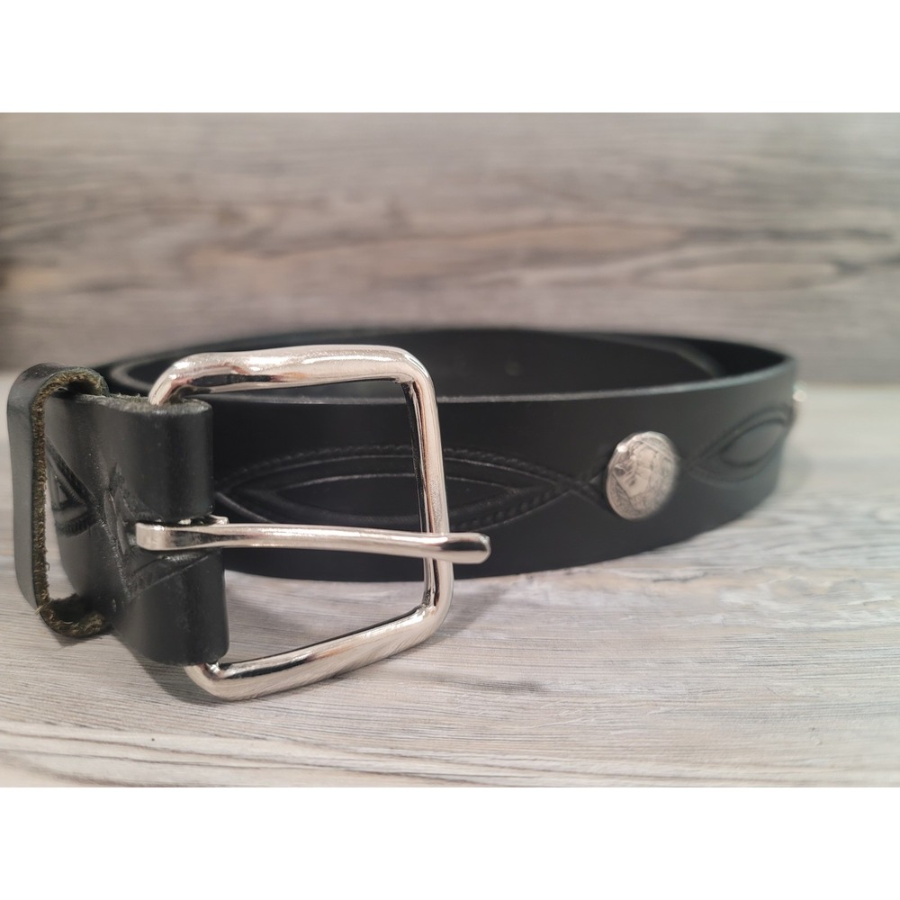 Leather belt made in USA 38 buffalo nickels accents on black belt Embossed